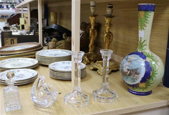 A Continental milk vase, 37cm, a Sevres glass bowl, a pair of glass candlesticks and a glass scent bottle